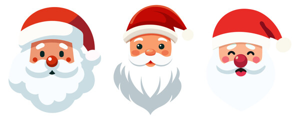 Set of cartoon Santa Claus heads or face in flat style. Vector illustration