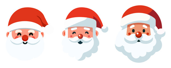 Set of cartoon Santa Claus heads or face in flat style. Vector illustration