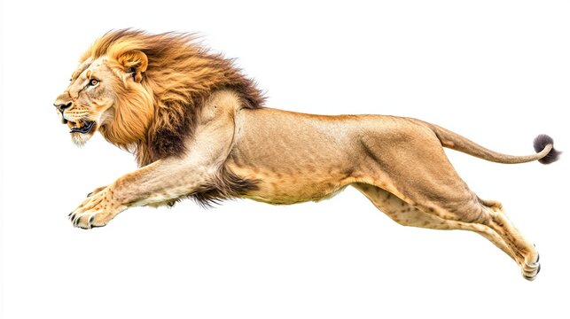 Powerful male lion leaping with mouth open isolated on white