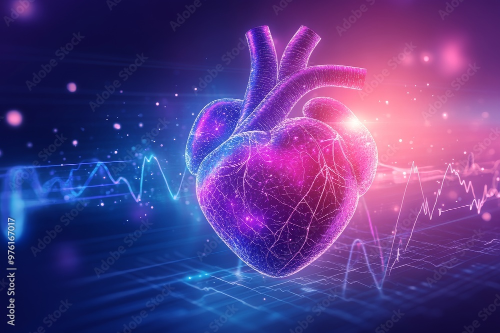 Poster artistic representation of a heart with neon lights and medical data overlay symbolizing the fusion 