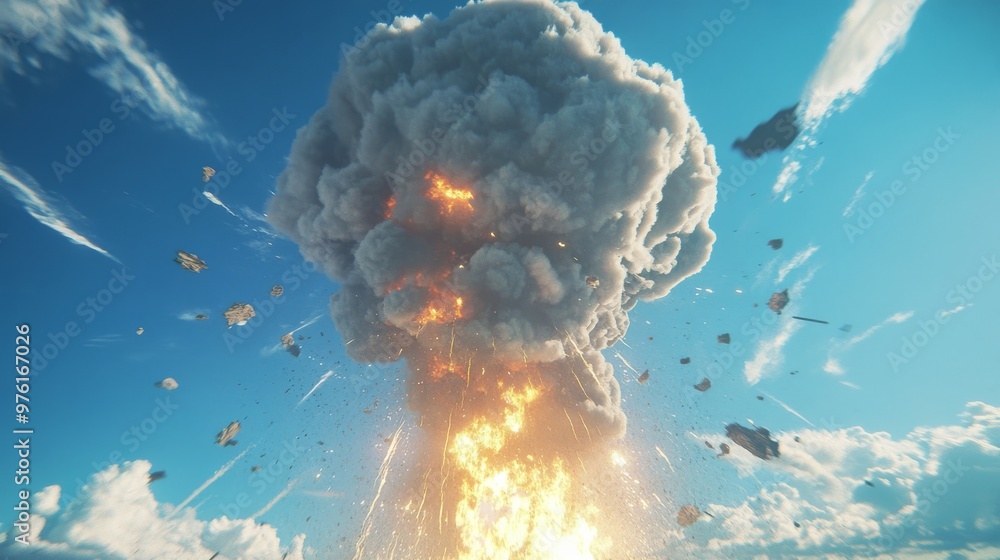 Poster huge explosion creating a mushroom shaped cloud in the sky