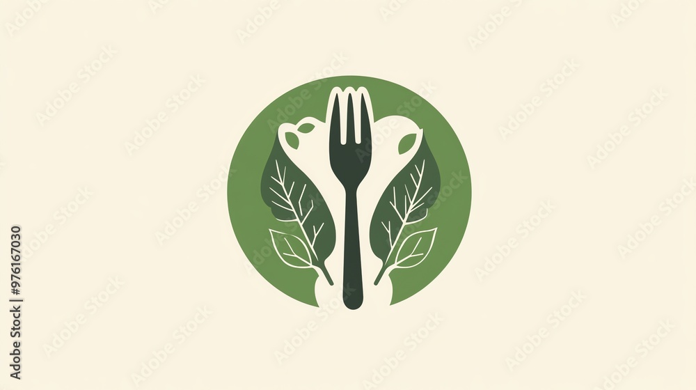 Poster a fork with leaves on either side. it is in a circle with a green background.