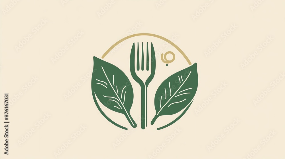 Poster a minimalist logo design featuring a fork and two leaves inside a circle.