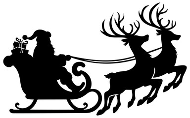 Santa Claus rides in a sleigh in harness on the reindeer