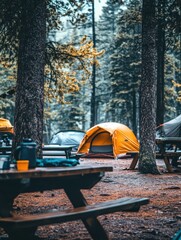 a campground with tents and picnic tables
