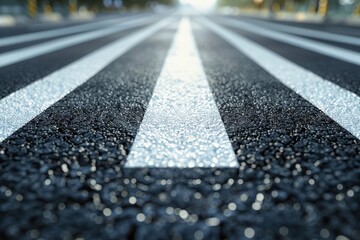 Dew glistens on the freshly painted crosswalk lines, reflecting the soft light of morning as traffic remains light on the urban road.