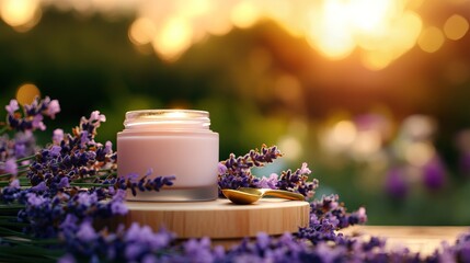 A serene lavender candle surrounded by blooming flowers, capturing a tranquil sunset ambiance for relaxation and wellness.