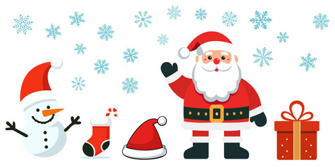 Christmas card. Funny cartoon Santa Claus. Red Santa hat. For Christmas and New Year posters, gift tags and labels