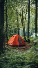 a tent is set up in the woods