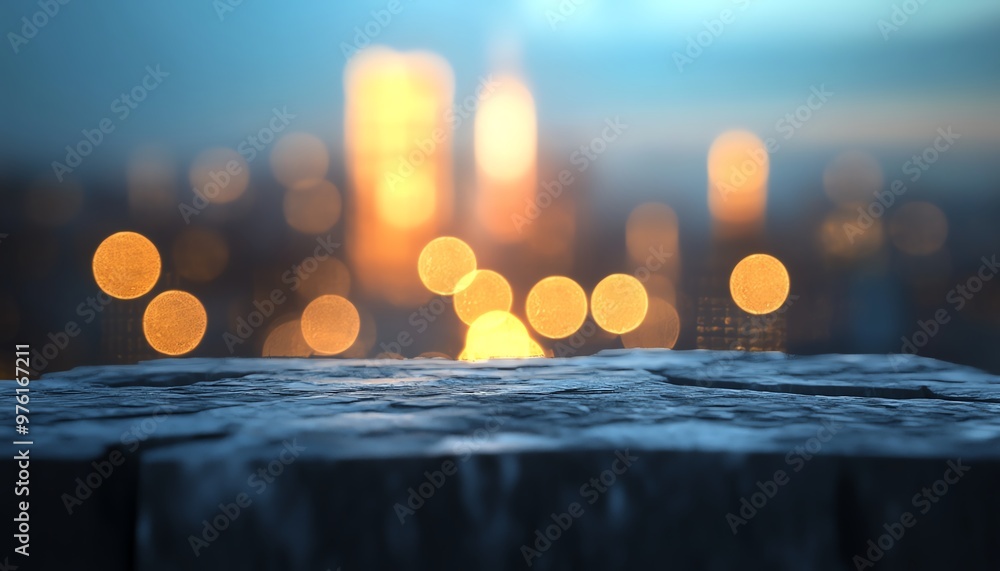 Poster a blurred cityscape at dusk with shimmering lights, capturing a serene atmosphere and depth of field