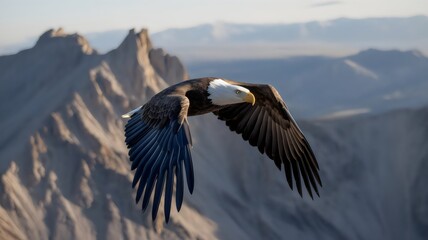 Naklejka premium A Powerful Bald Eagle Soars High Above a Mountain Range, Its Sharp Eyes Piercing the Vast Valley Below