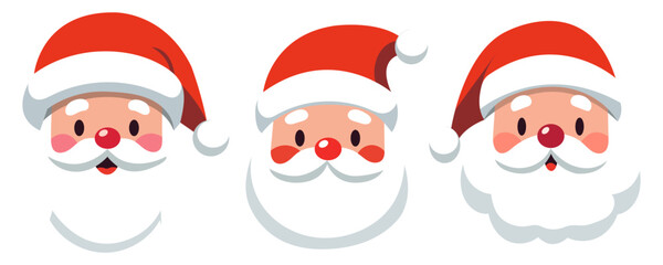 Set of cartoon Santa Claus heads or face in flat style. Vector illustration