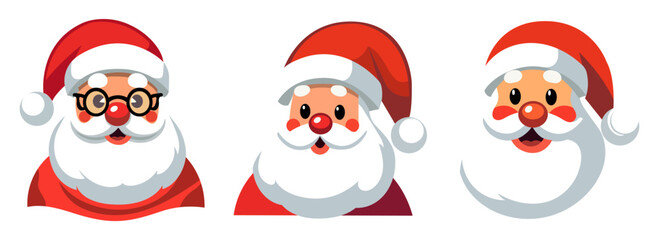 Set of cartoon Santa Claus heads or face in flat style. Vector illustration