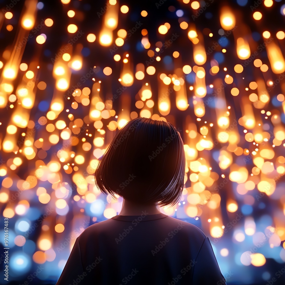 Poster a child gazes at a mesmerizing display of glowing lights, creating a whimsical and enchanting atmosp