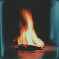 a fire is burning in the dark with a blue background