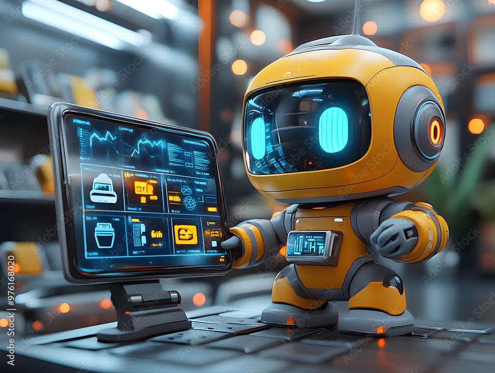 Poster a friendly yellow robot with blue eyes interacts with a computer screen displaying data.