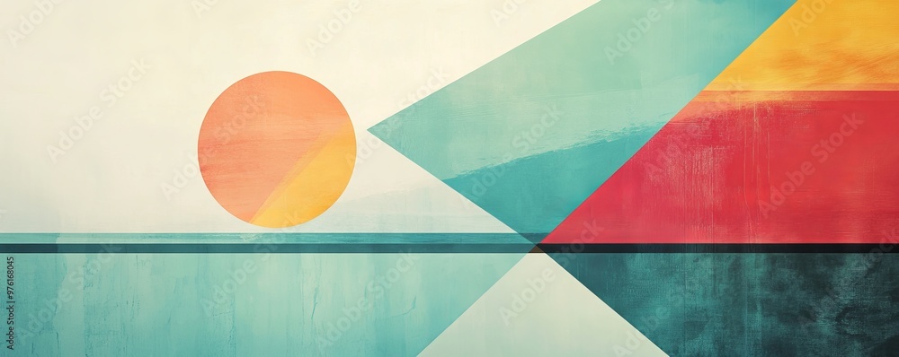 Poster abstract geometric background featuring a setting sun and triangles