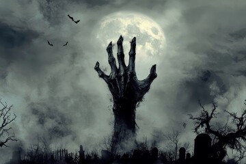 Zombie hand emerges under ominous moonlight amidst graveyard and fog with flying bats