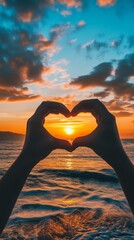 hands forming heart shape against sunset over ocean, romantic scene. love and nature concept