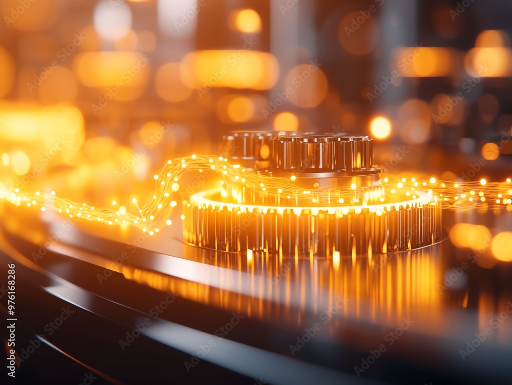 Poster a close-up of intricate gears with a glowing orange light, symbolizing technology and innovation in 