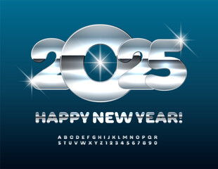 Vector trendy Greeting Card Happy New Year 2025! Shiny Silver Font. Exclusive Metallic Alphabet letters and Numbers set.