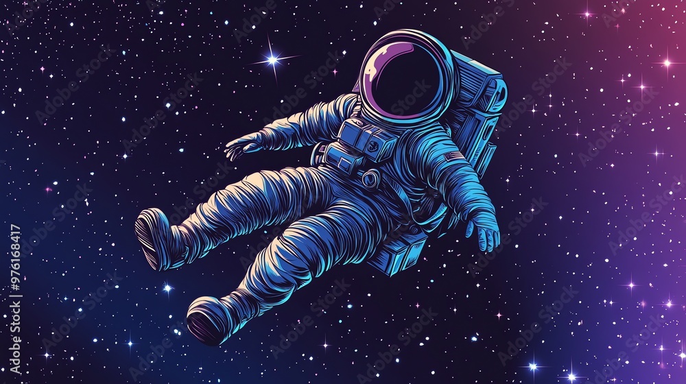 Poster astronaut floating in space with a starry background.