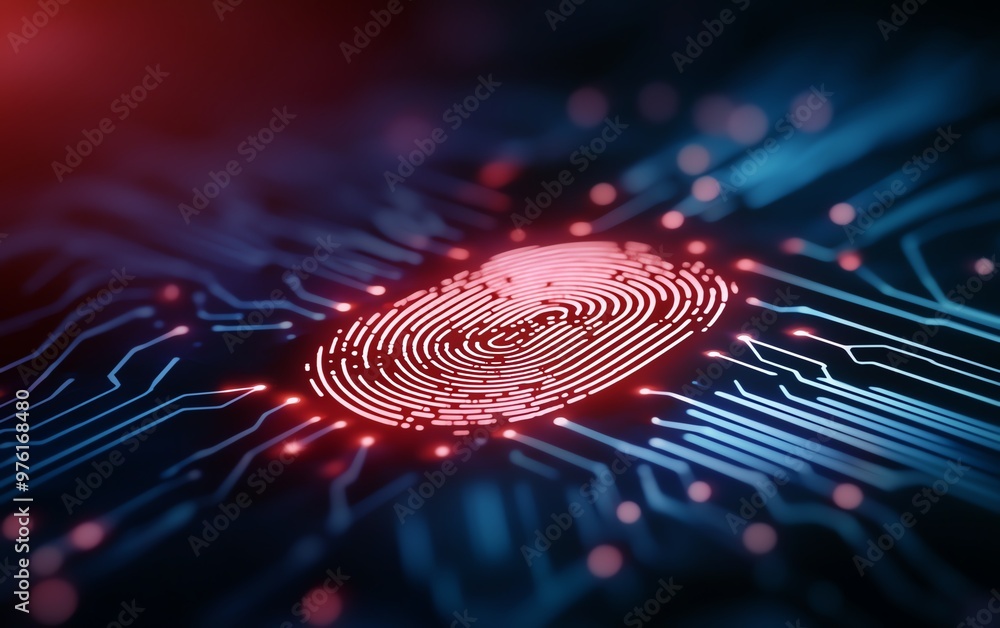 Poster a close-up view of a fingerprint on a digital circuit background, symbolizing technology, security, 