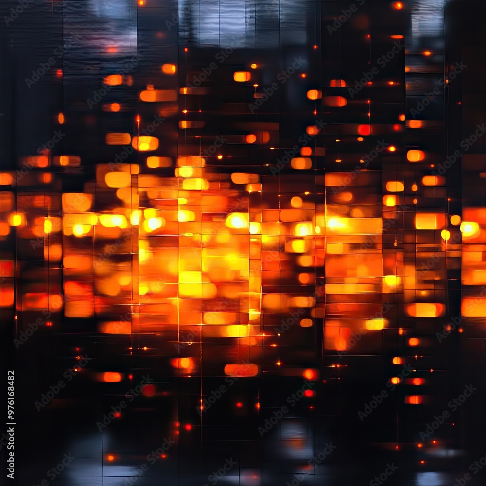 Poster abstract digital art featuring vibrant orange lights on a dark background, creating a dynamic and mo