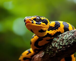 Fototapeta premium A vibrant yellow and black snake perched on a branch, showcasing its unique pattern and beauty in a lush, green environment.