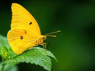 A vibrant yellow butterfly perched on a green leaf, showcasing its delicate wings in a serene natural setting.