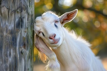 Obraz premium A goat playfully rubbing its head against a tree or fence post, its soft fur brushing against the rough surface
