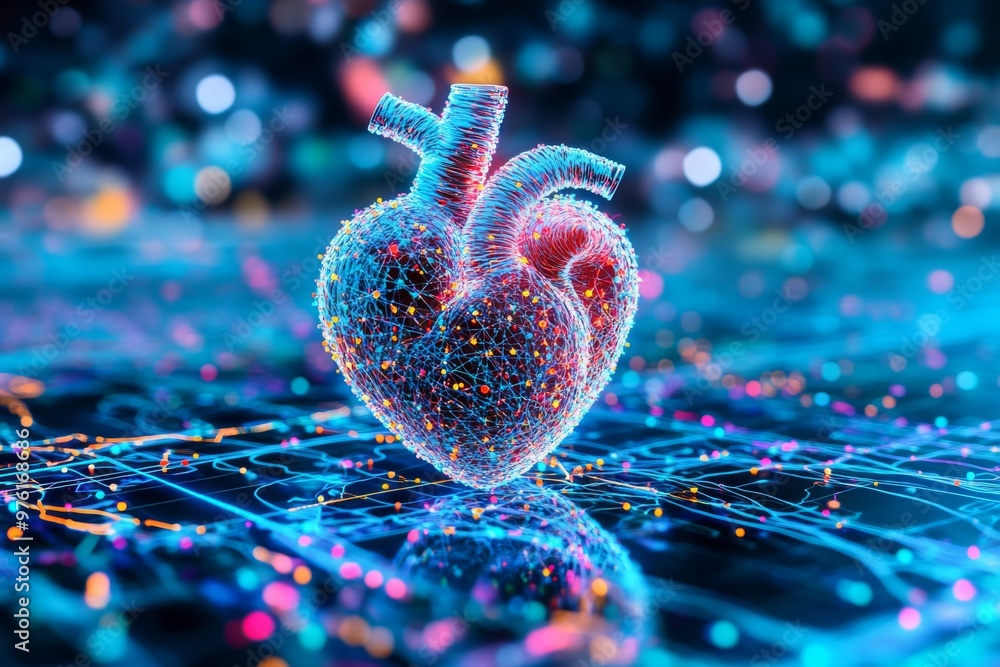 Aufkleber digital representation of a heart surrounded by vibrant colorful lights and data lines symbolizing h