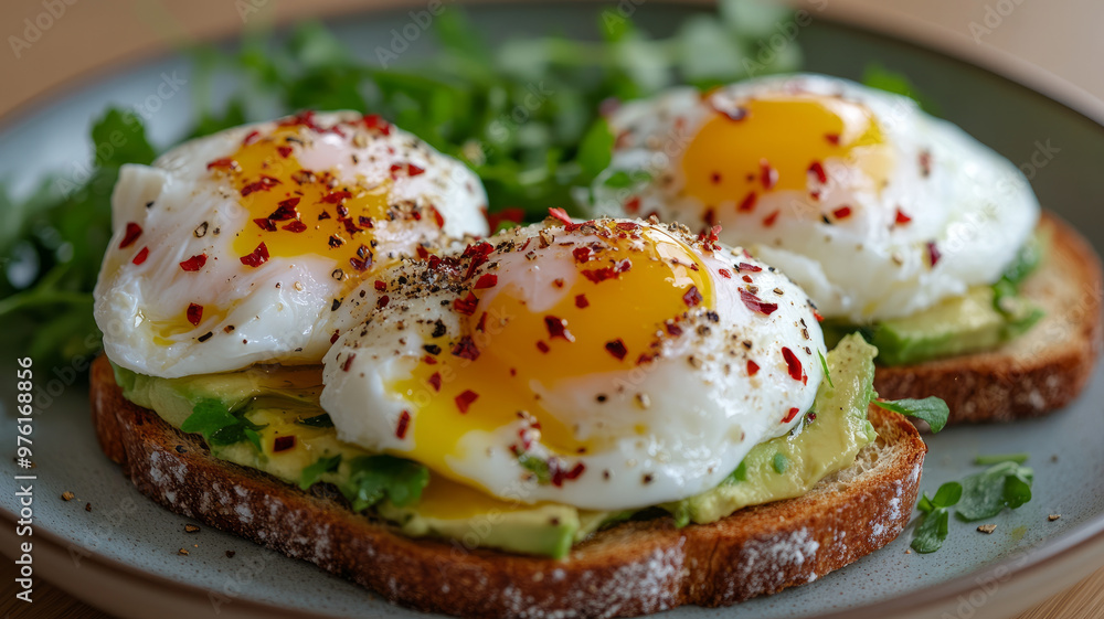 Wall mural Poached eggs on avocado toast with greens on a plate.