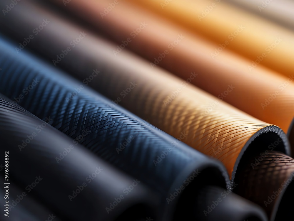 Poster a 3d close-up view of various textured materials showcasing rich colors and intricate patterns, perf