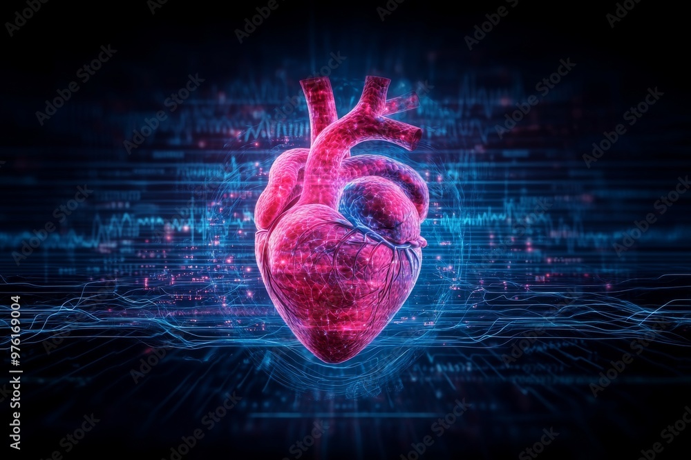 Aufkleber digital glowing heart with data lines and medical graphs representing the integration of technology 