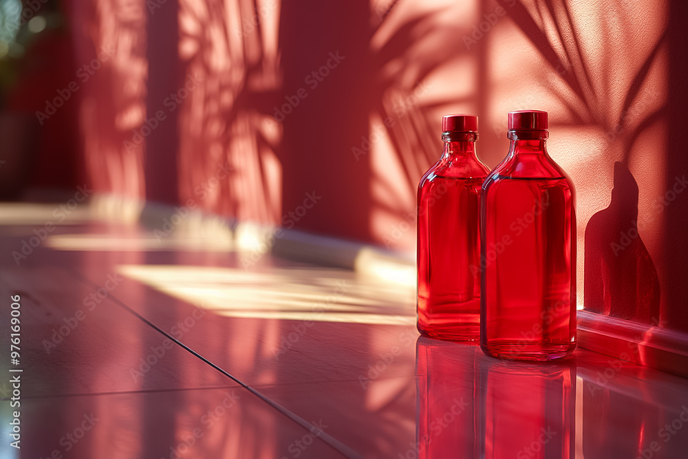Poster two vibrant red bottles stand against a wall, their shapes reflected on the floor. shadows of nearby