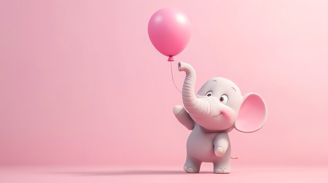 A cute cartoon elephant holding a pink balloon, standing on a pink background.