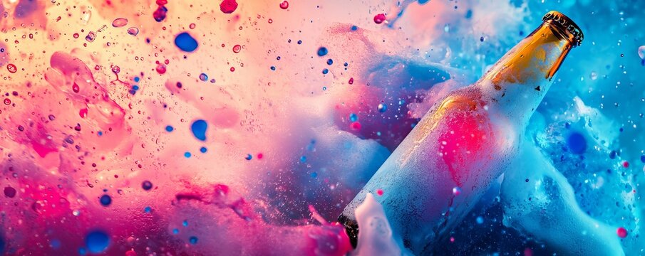 Beer bottle exploding in colorful foam and paint