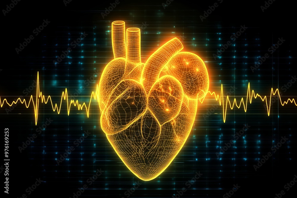 Aufkleber bright neon heart with vibrant data lines and pulse monitor symbolizing cardiology heart health and 