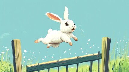 A white rabbit leaps over a wooden gate with a blue sky and green grass in the background.