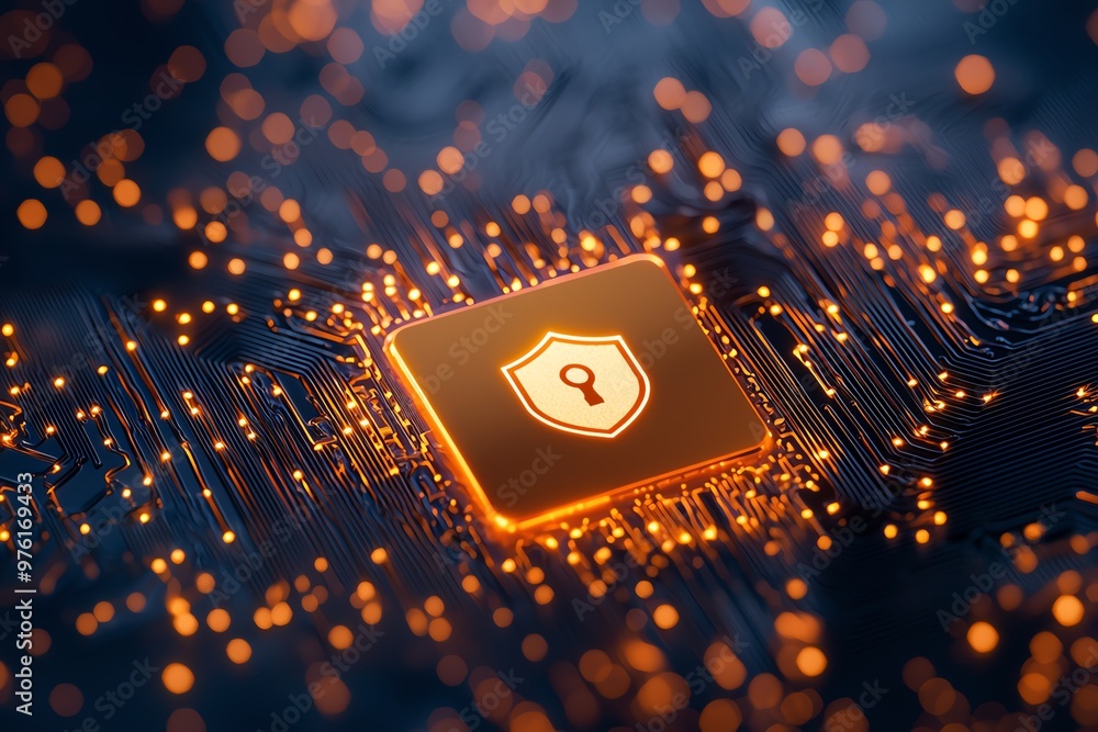 Poster a digital security symbol on a circuit board, representing data protection and cybersecurity innovat