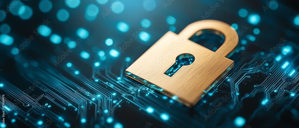 Poster a digital lock symbolizing cybersecurity and protection against data breaches in a futuristic tech e