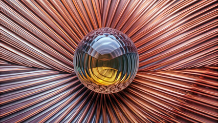 Obraz premium A reflective glass sphere is centrally placed against a backdrop of radiating, metallic, copper-toned lines. Light plays across the sphere, creating intricate patterns and reflections.AI generated.