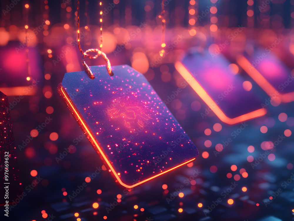 Poster abstract glowing tag with digital particles hanging in a futuristic setting.