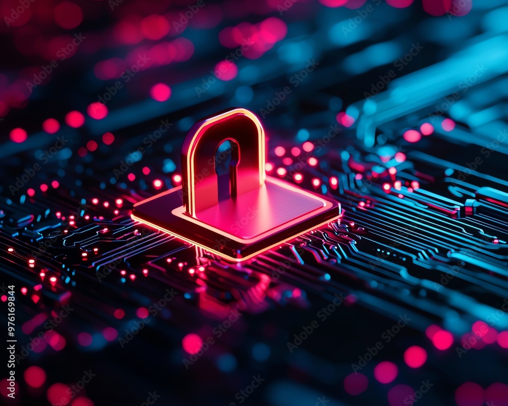 Poster a futuristic digital lock symbol on a colorful circuit board, representing cybersecurity and data pr