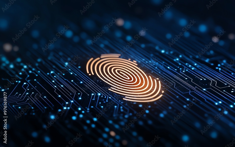 Poster a futuristic fingerprint on a digital circuit background, representing identity, technology, and sec