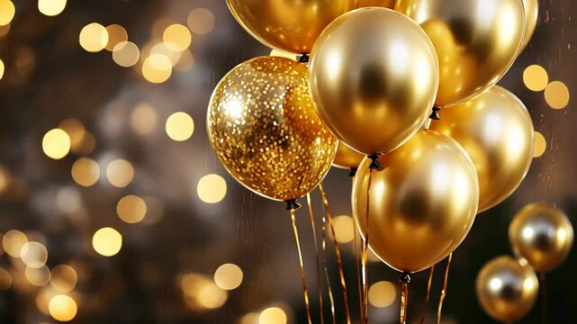 Gold festive backdrop with  balloons, bokeh and confetti.  Party or birthday celebration template copy space copy, video postcard
