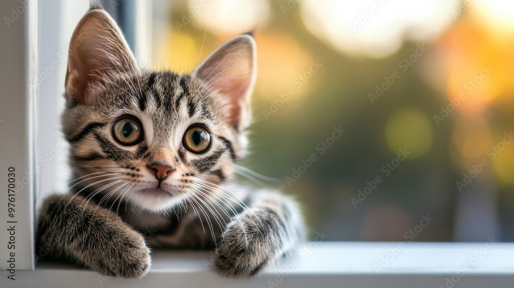 Poster cute tabby kitten looking through window with bokeh