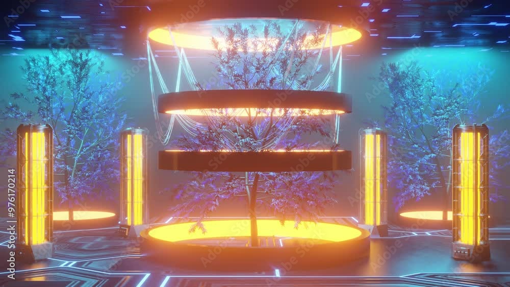 Aufkleber 3d rendering of trees with glowing lights in futuristic area