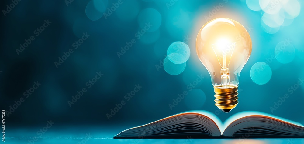 Poster a glowing light bulb above an open book symbolizes creativity and the power of knowledge in a visual